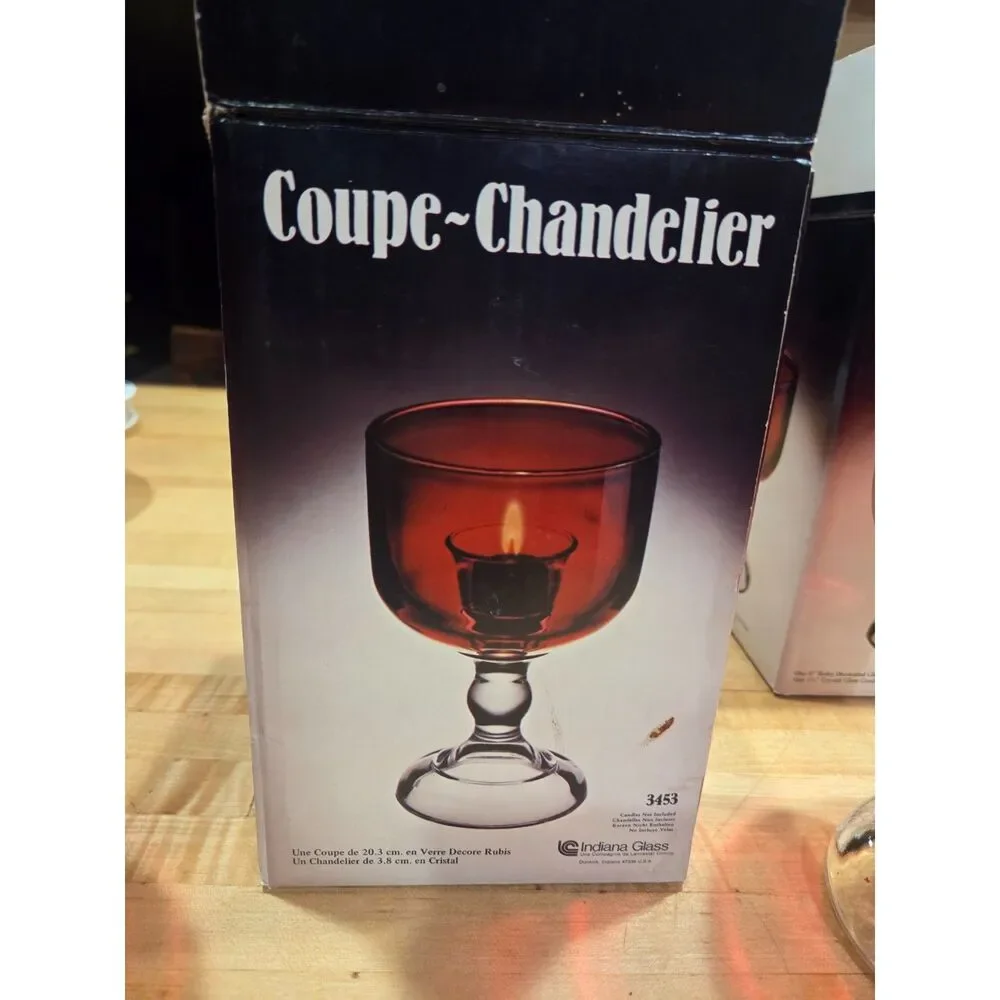 Vintage Indiana Glass Coupe Chandelier Ruby Red Candle Chalice Set of 2 Boxed